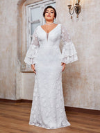 Women’s White Romantic Floral Lace V-Neck Long Bell Sleeve Mermaid Maxi Wedding Dress with Tiered Ruffle Cuffs