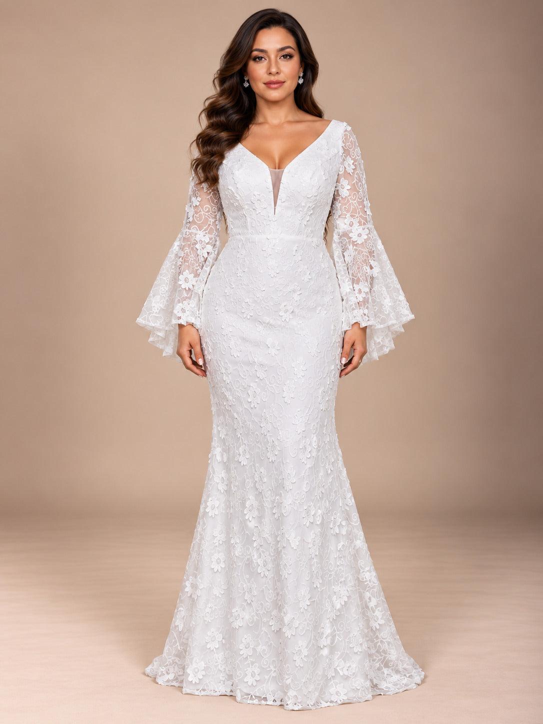 Women’s White Romantic Floral Lace V-Neck Long Bell Sleeve Mermaid Maxi Wedding Dress with Tiered Ruffle Cuffs