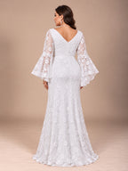 Women’s White Romantic Floral Lace V-Neck Long Bell Sleeve Mermaid Maxi Wedding Dress with Tiered Ruffle Cuffs