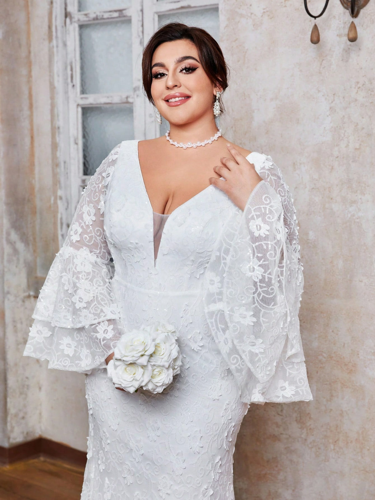 Women’s White Romantic Floral Lace V-Neck Long Bell Sleeve Mermaid Maxi Wedding Dress with Tiered Ruffle Cuffs