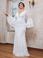 Women’s White Romantic Floral Lace V-Neck Long Bell Sleeve Mermaid Maxi Wedding Dress with Tiered Ruffle Cuffs