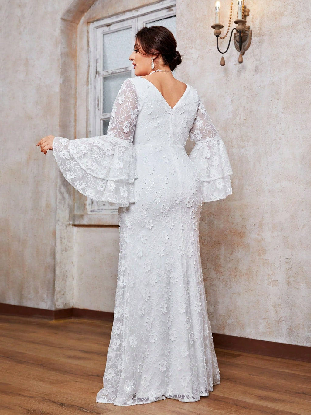 Women’s White Romantic Floral Lace V-Neck Long Bell Sleeve Mermaid Maxi Wedding Dress with Tiered Ruffle Cuffs
