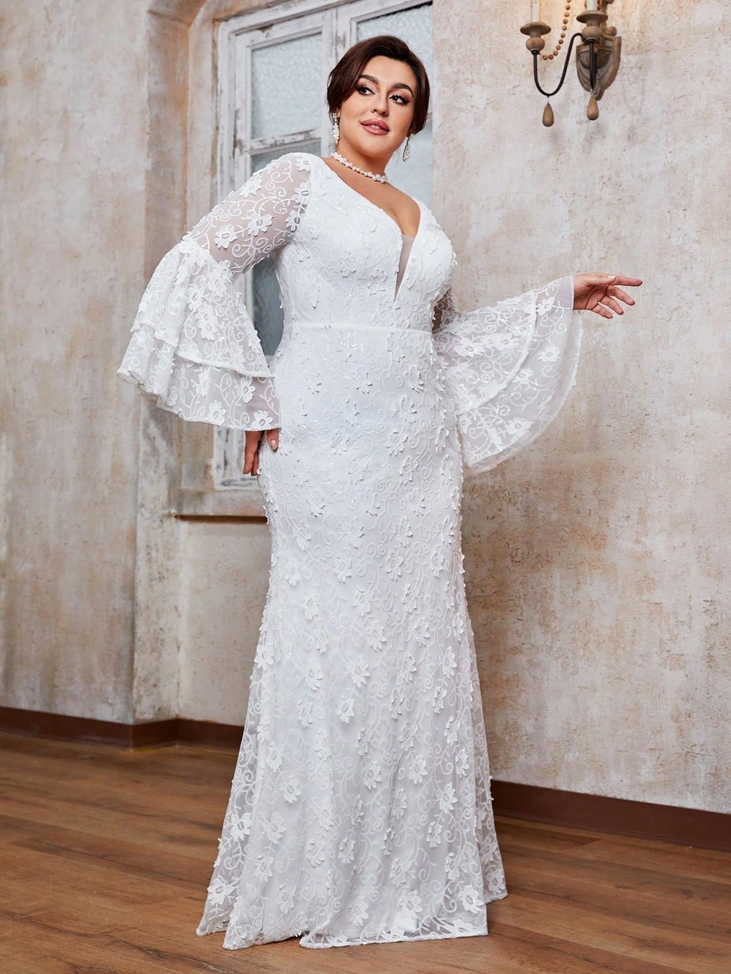 Women’s White Romantic Floral Lace V-Neck Long Bell Sleeve Mermaid Maxi Wedding Dress with Tiered Ruffle Cuffs