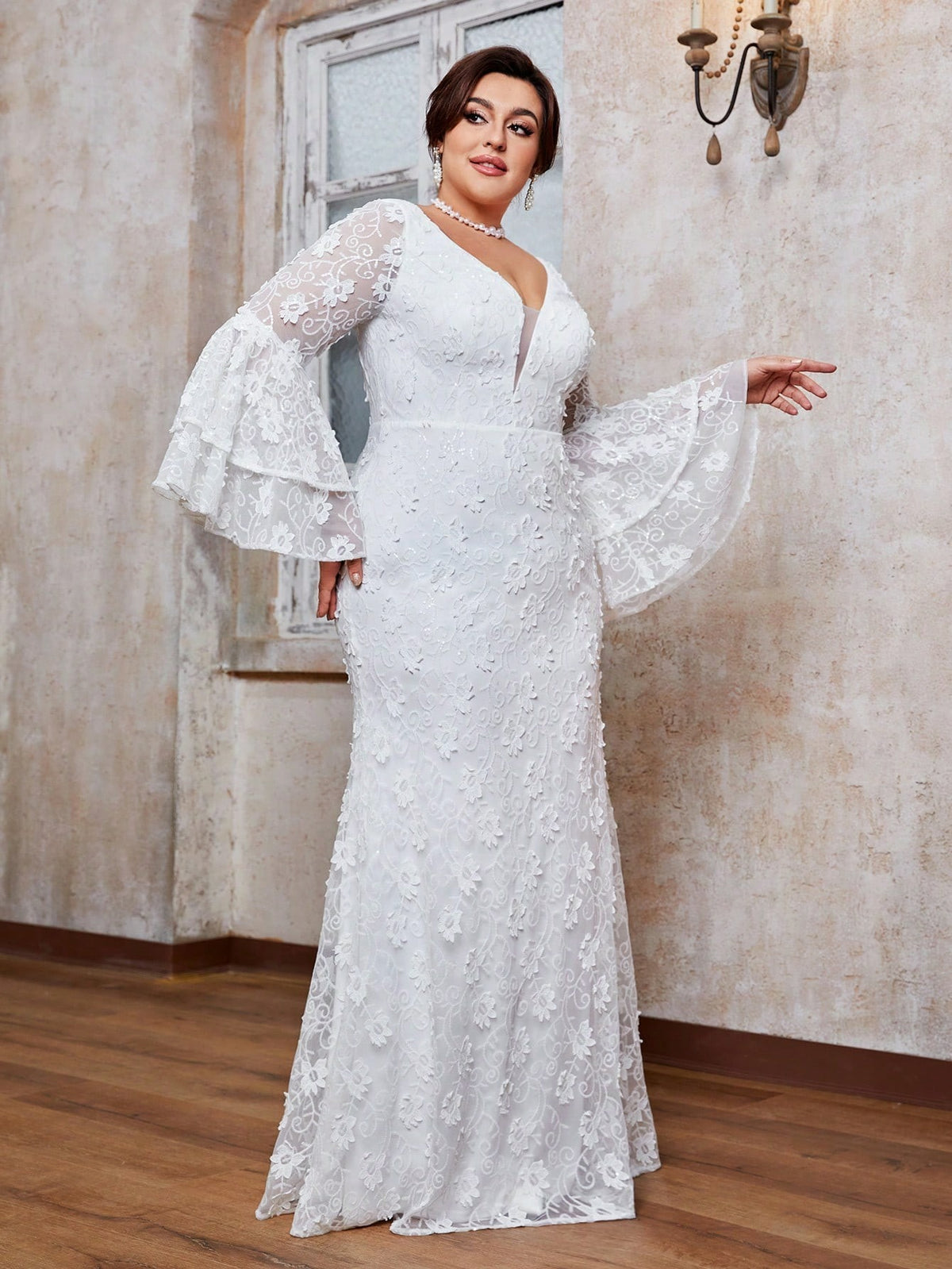 Women’s White Romantic Floral Lace V-Neck Long Bell Sleeve Mermaid Maxi Wedding Dress with Tiered Ruffle Cuffs