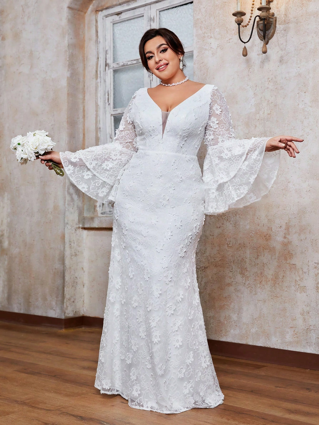Women’s White Romantic Floral Lace V-Neck Long Bell Sleeve Mermaid Maxi Wedding Dress with Tiered Ruffle Cuffs