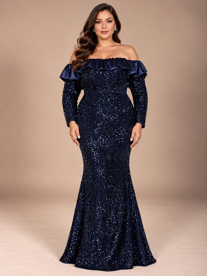 Women’s Navy Blue Elegant Sequin Off-Shoulder Long Sleeve Mermaid Maxi Dress with Satin Ruffle Detail