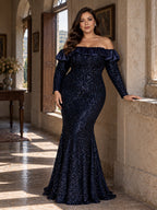 Women’s Navy Blue Elegant Sequin Off-Shoulder Long Sleeve Mermaid Maxi Dress with Satin Ruffle Detail