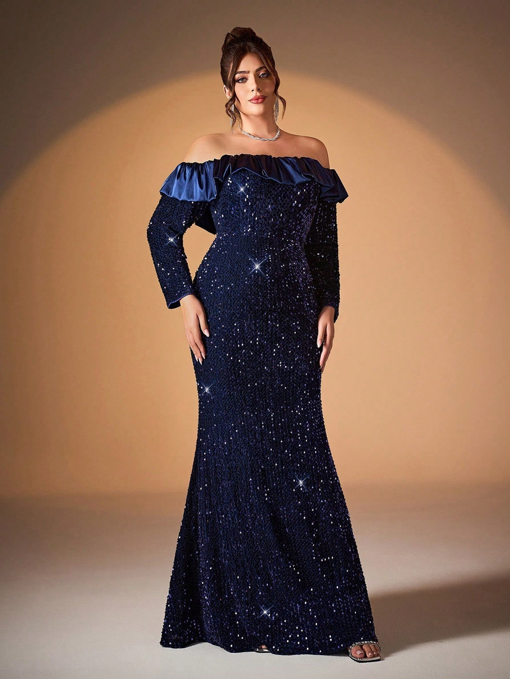 Women’s Navy Blue Elegant Sequin Off-Shoulder Long Sleeve Mermaid Maxi Dress with Satin Ruffle Detail