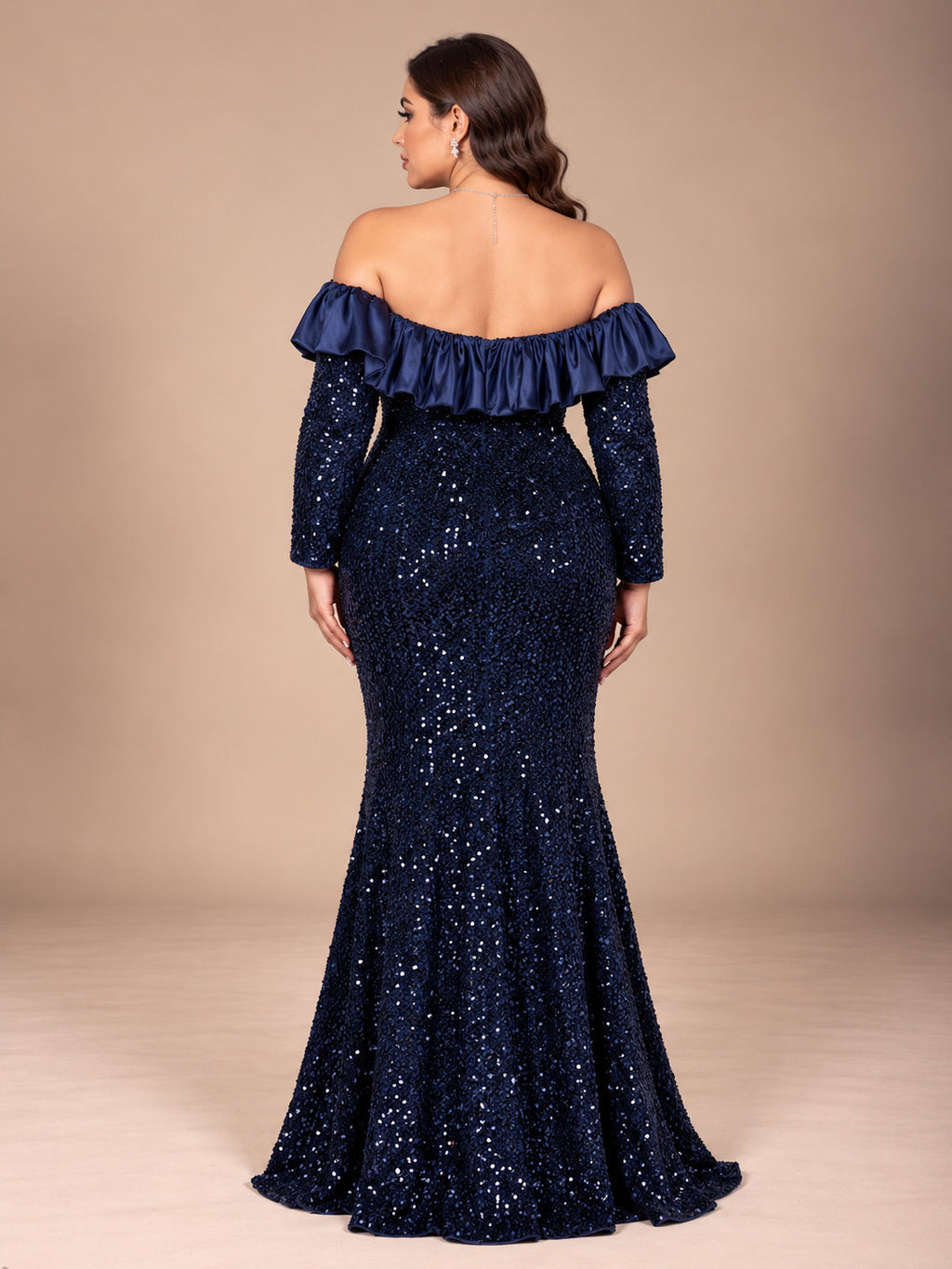Women’s Navy Blue Elegant Sequin Off-Shoulder Long Sleeve Mermaid Maxi Dress with Satin Ruffle Detail