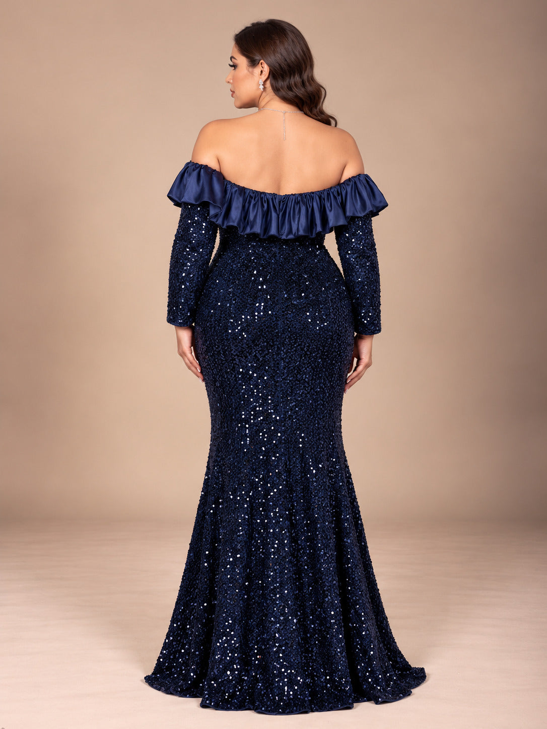 Women’s Navy Blue Elegant Sequin Off-Shoulder Long Sleeve Mermaid Maxi Dress with Satin Ruffle Detail