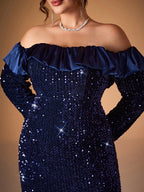 Women’s Navy Blue Elegant Sequin Off-Shoulder Long Sleeve Mermaid Maxi Dress with Satin Ruffle Detail