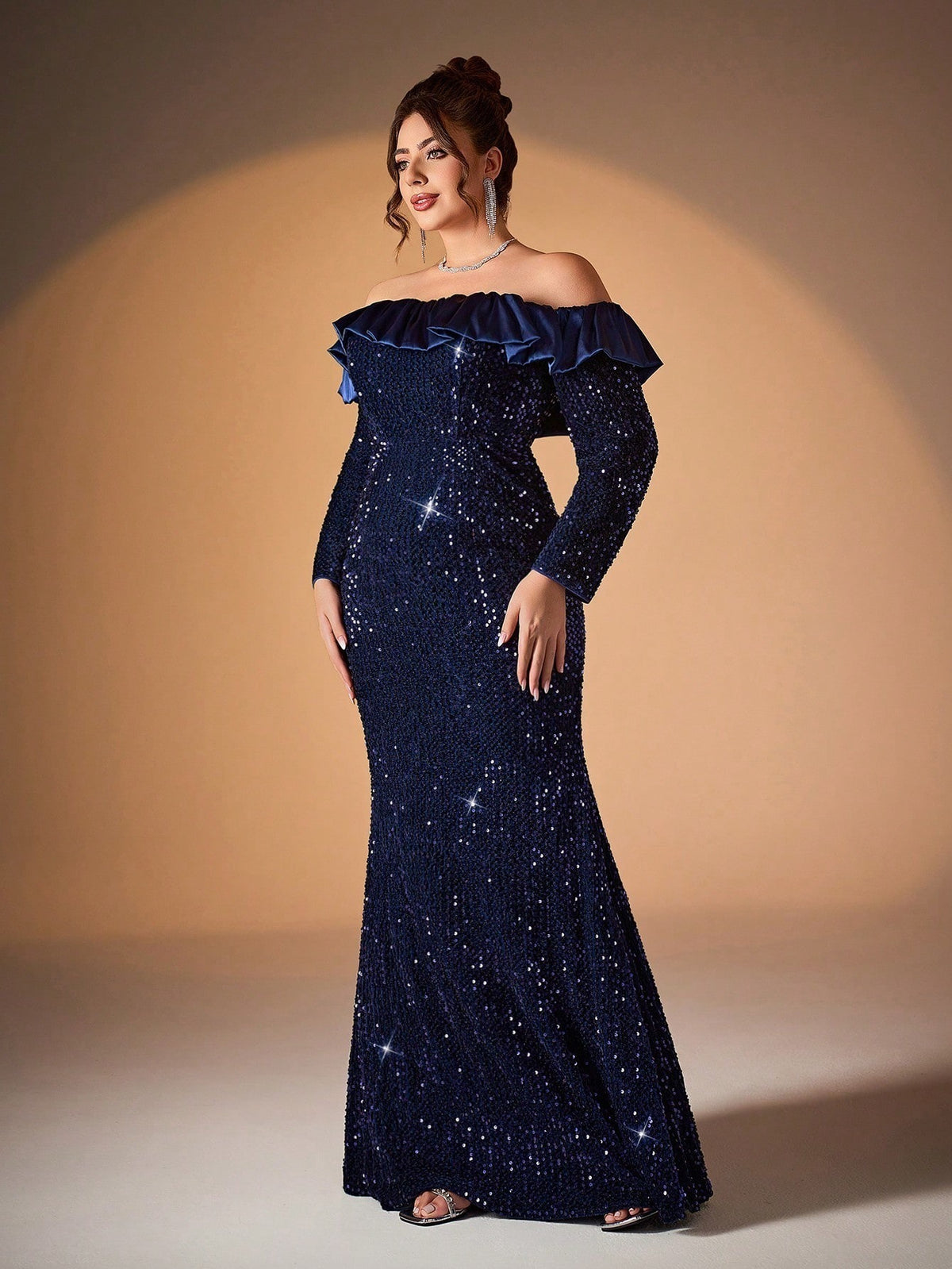 Women’s Navy Blue Elegant Sequin Off-Shoulder Long Sleeve Mermaid Maxi Dress with Satin Ruffle Detail