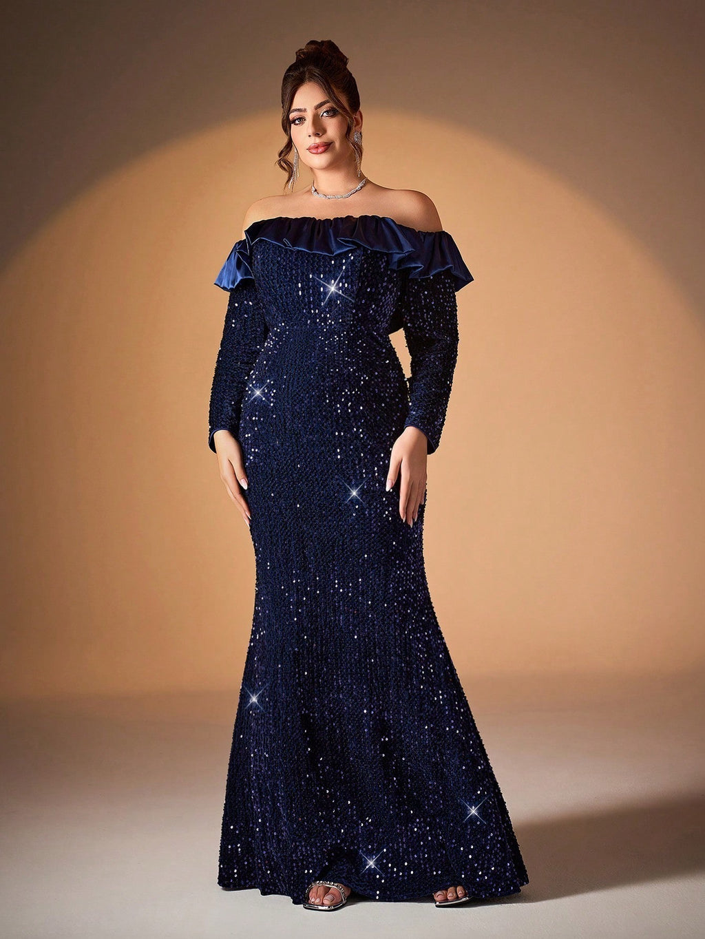 Women’s Navy Blue Elegant Sequin Off-Shoulder Long Sleeve Mermaid Maxi Dress with Satin Ruffle Detail