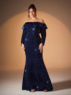 Women’s Navy Blue Elegant Sequin Off-Shoulder Long Sleeve Mermaid Maxi Dress with Satin Ruffle Detail