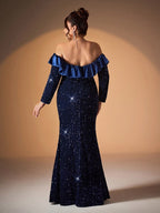 Women’s Navy Blue Elegant Sequin Off-Shoulder Long Sleeve Mermaid Maxi Dress with Satin Ruffle Detail