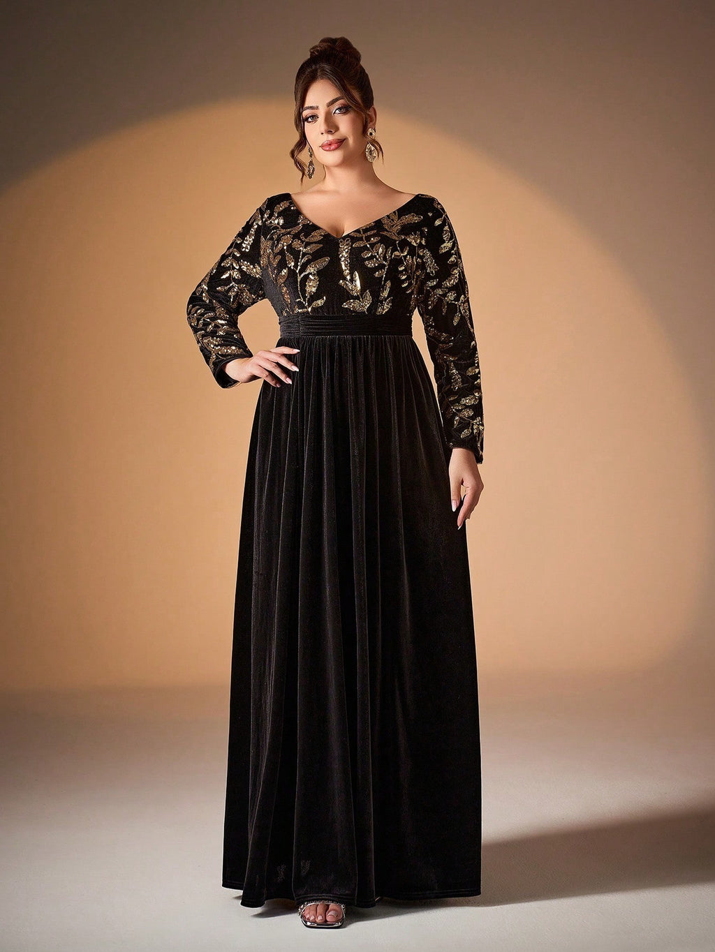 Women’s Black Elegant Velvet V-Neck Long Sleeve A-Line Maxi Dress with Gold Floral Sequin Embroidery