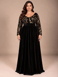 Women’s Black Elegant Velvet V-Neck Long Sleeve A-Line Maxi Dress with Gold Floral Sequin Embroidery
