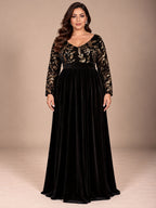 Women’s Black Elegant Velvet V-Neck Long Sleeve A-Line Maxi Dress with Gold Floral Sequin Embroidery