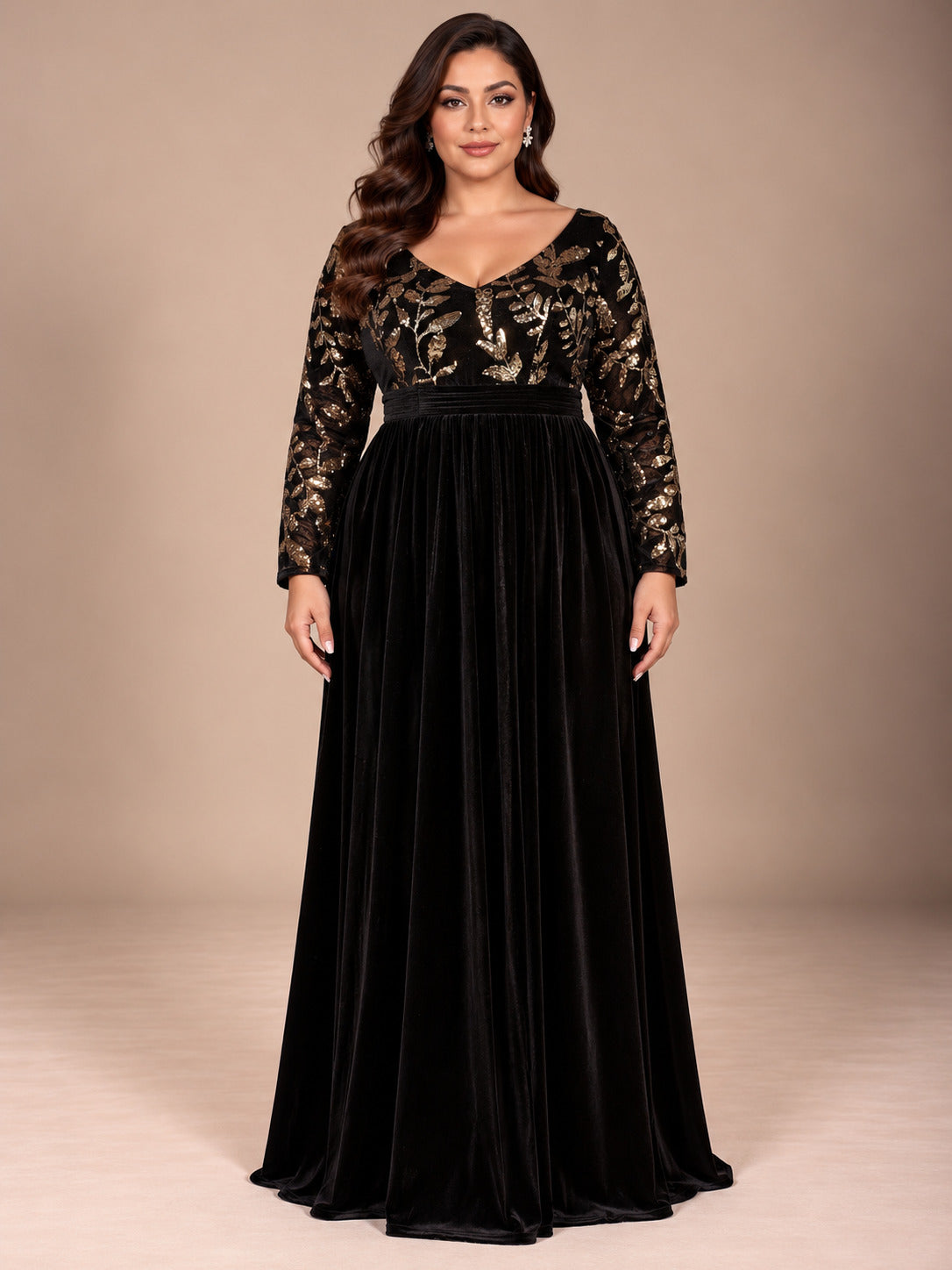 Women’s Black Elegant Velvet V-Neck Long Sleeve A-Line Maxi Dress with Gold Floral Sequin Embroidery