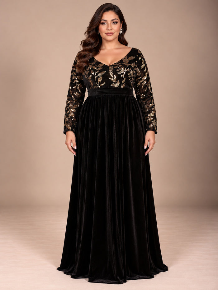 Women’s Black Elegant Velvet V-Neck Long Sleeve A-Line Maxi Dress with Gold Floral Sequin Embroidery