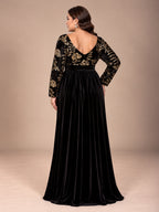 Women’s Black Elegant Velvet V-Neck Long Sleeve A-Line Maxi Dress with Gold Floral Sequin Embroidery