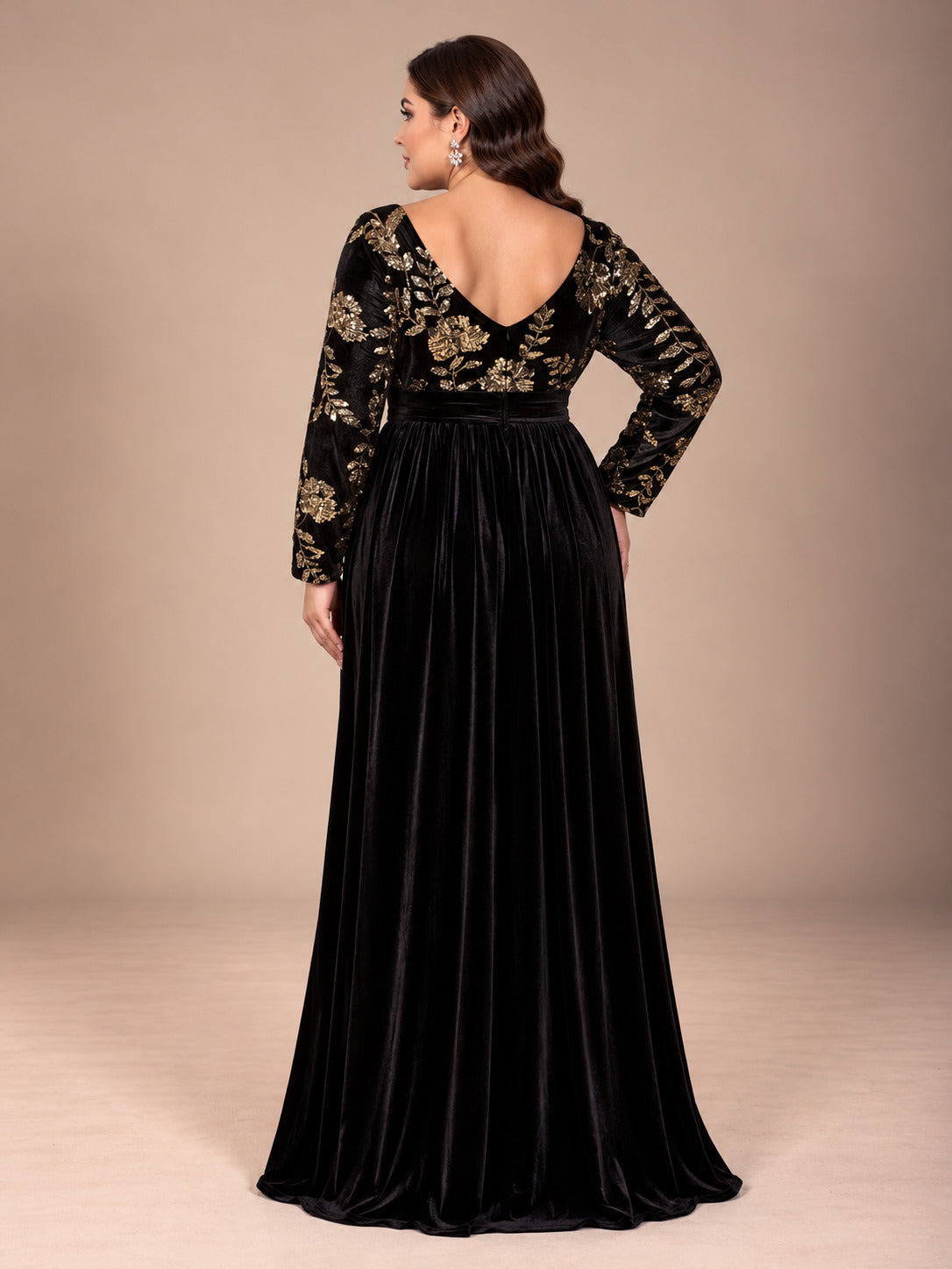 Women’s Black Elegant Velvet V-Neck Long Sleeve A-Line Maxi Dress with Gold Floral Sequin Embroidery