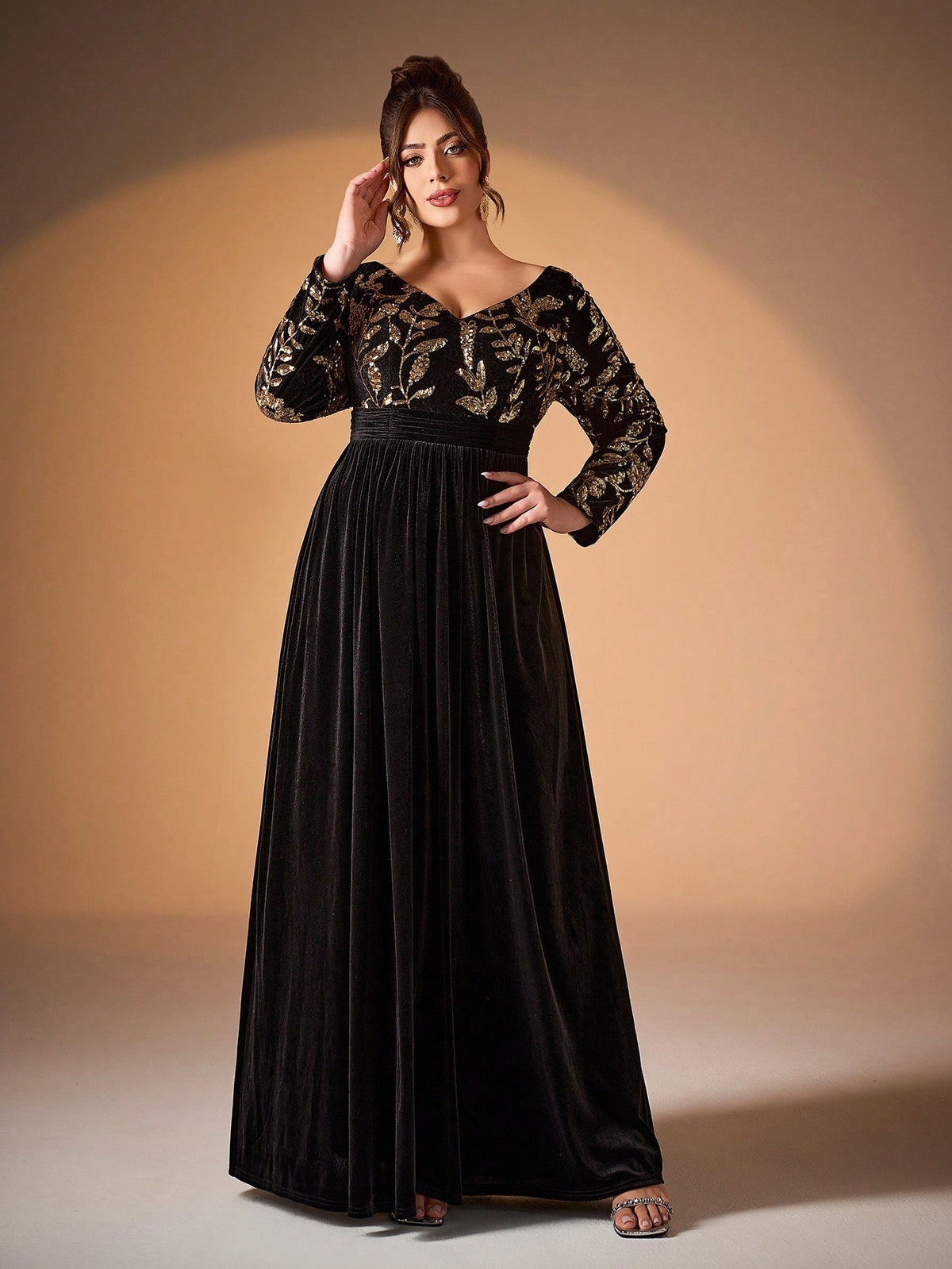 Women’s Black Elegant Velvet V-Neck Long Sleeve A-Line Maxi Dress with Gold Floral Sequin Embroidery