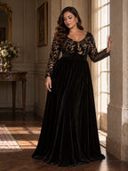 Women’s Black Elegant Velvet V-Neck Long Sleeve A-Line Maxi Dress with Gold Floral Sequin Embroidery