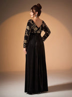 Women’s Black Elegant Velvet V-Neck Long Sleeve A-Line Maxi Dress with Gold Floral Sequin Embroidery