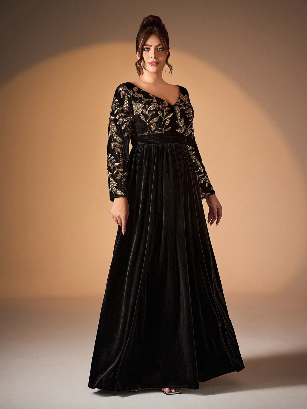 Women’s Black Elegant Velvet V-Neck Long Sleeve A-Line Maxi Dress with Gold Floral Sequin Embroidery