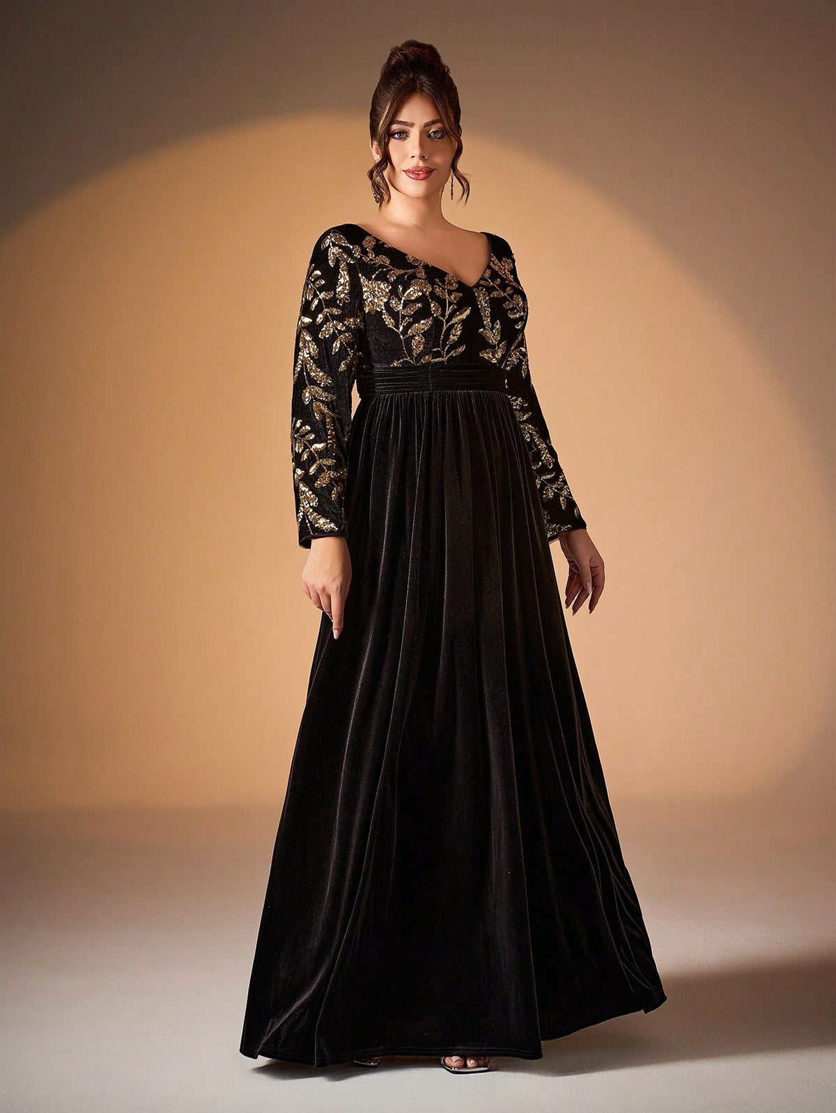 Women’s Black Elegant Velvet V-Neck Long Sleeve A-Line Maxi Dress with Gold Floral Sequin Embroidery