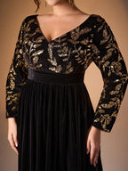 Women’s Black Elegant Velvet V-Neck Long Sleeve A-Line Maxi Dress with Gold Floral Sequin Embroidery
