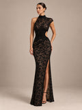 Women’s Black Elegant Floral Lace One-Shoulder High Neck Sleeveless Sheath Maxi Dress with Waist Cutout and High Slit