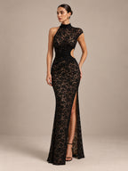 Women’s Black Elegant Floral Lace One-Shoulder High Neck Sleeveless Sheath Maxi Dress with Waist Cutout and High Slit