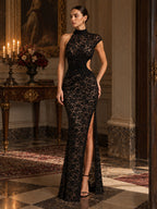 Women’s Black Elegant Floral Lace One-Shoulder High Neck Sleeveless Sheath Maxi Dress with Waist Cutout and High Slit