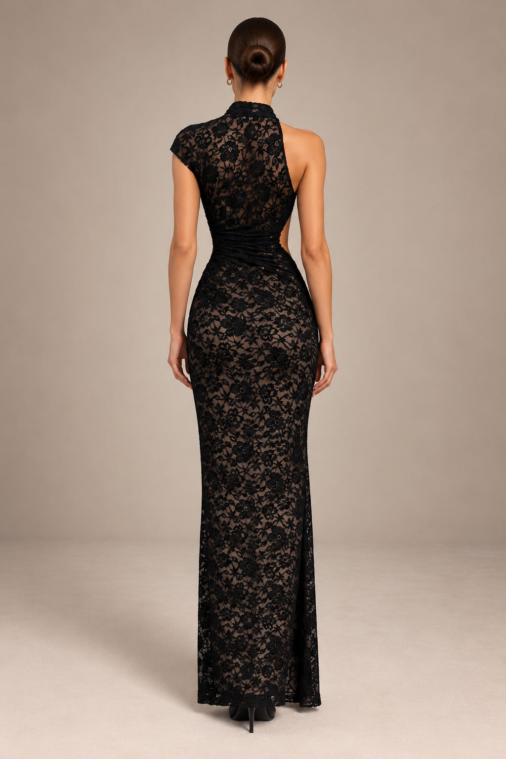 Women’s Black Elegant Floral Lace One-Shoulder High Neck Sleeveless Sheath Maxi Dress with Waist Cutout and High Slit