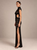 Women’s Black Elegant Floral Lace One-Shoulder High Neck Sleeveless Sheath Maxi Dress with Waist Cutout and High Slit