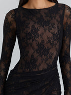 Women’s Black Sexy Sheer Floral Lace Round Neck Long Sleeve Sheath Maxi Dress with Ruched Waist and High Slit