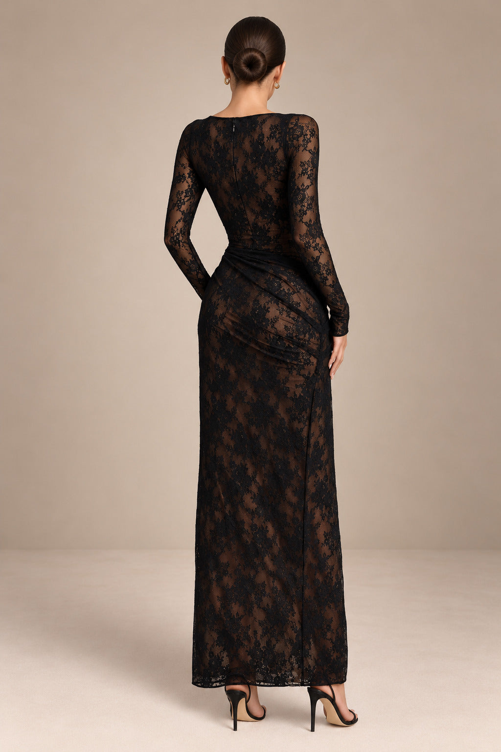 Women’s Black Sexy Sheer Floral Lace Round Neck Long Sleeve Sheath Maxi Dress with Ruched Waist and High Slit