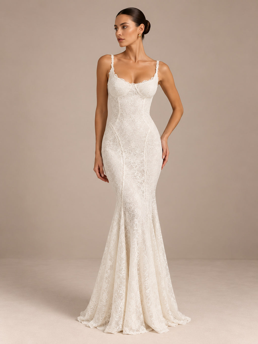 Women’s Ivory Romantic Floral Lace Sweetheart Neck Spaghetti Strap Mermaid Maxi Wedding Dress with Lace-Up Open Back