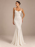 Women’s Ivory Romantic Floral Lace Sweetheart Neck Spaghetti Strap Mermaid Maxi Wedding Dress with Lace-Up Open Back