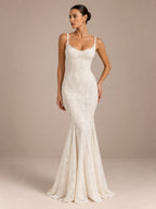 Women’s Ivory Romantic Floral Lace Sweetheart Neck Spaghetti Strap Mermaid Maxi Wedding Dress with Lace-Up Open Back