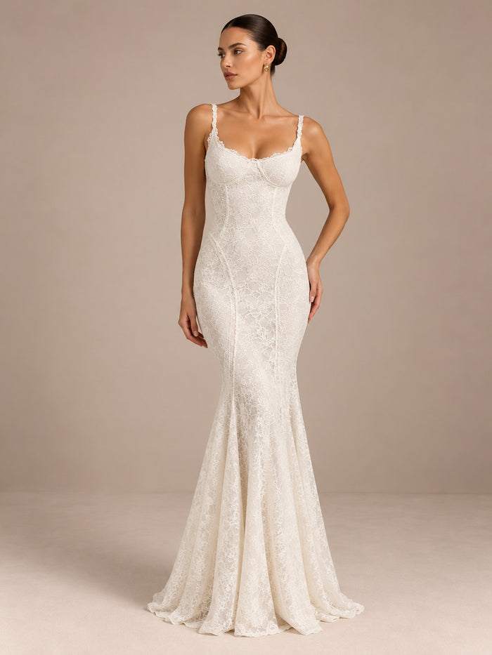 Women’s Ivory Romantic Floral Lace Sweetheart Neck Spaghetti Strap Mermaid Maxi Wedding Dress with Lace-Up Open Back