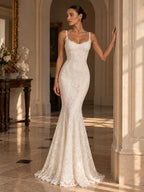 Women’s Ivory Romantic Floral Lace Sweetheart Neck Spaghetti Strap Mermaid Maxi Wedding Dress with Lace-Up Open Back