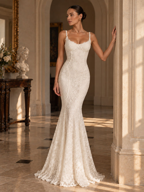 Women’s Ivory Romantic Floral Lace Sweetheart Neck Spaghetti Strap Mermaid Maxi Wedding Dress with Lace-Up Open Back