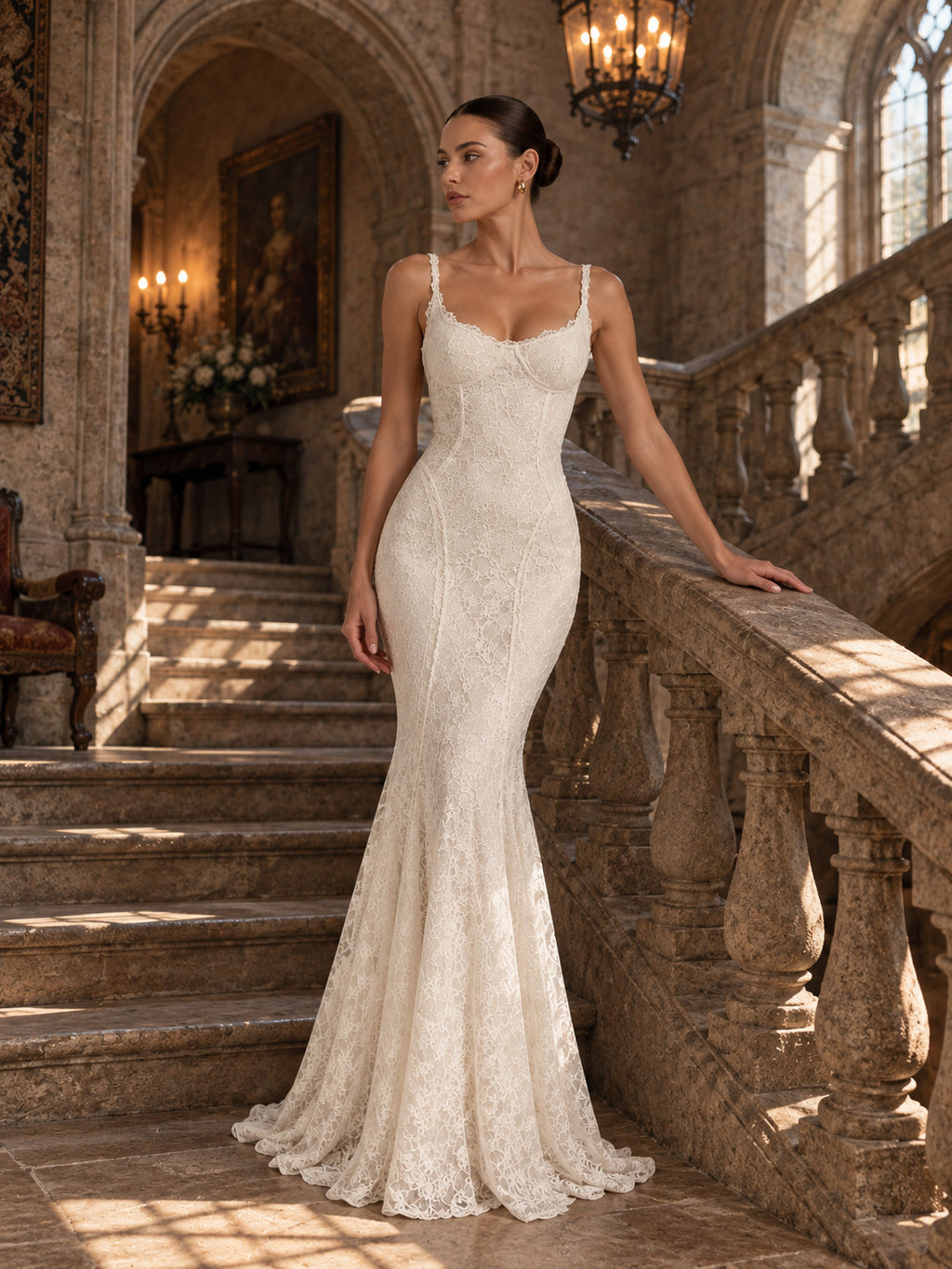 Women’s Ivory Romantic Floral Lace Sweetheart Neck Spaghetti Strap Mermaid Maxi Wedding Dress with Lace-Up Open Back