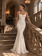 Women’s Ivory Romantic Floral Lace Sweetheart Neck Spaghetti Strap Mermaid Maxi Wedding Dress with Lace-Up Open Back