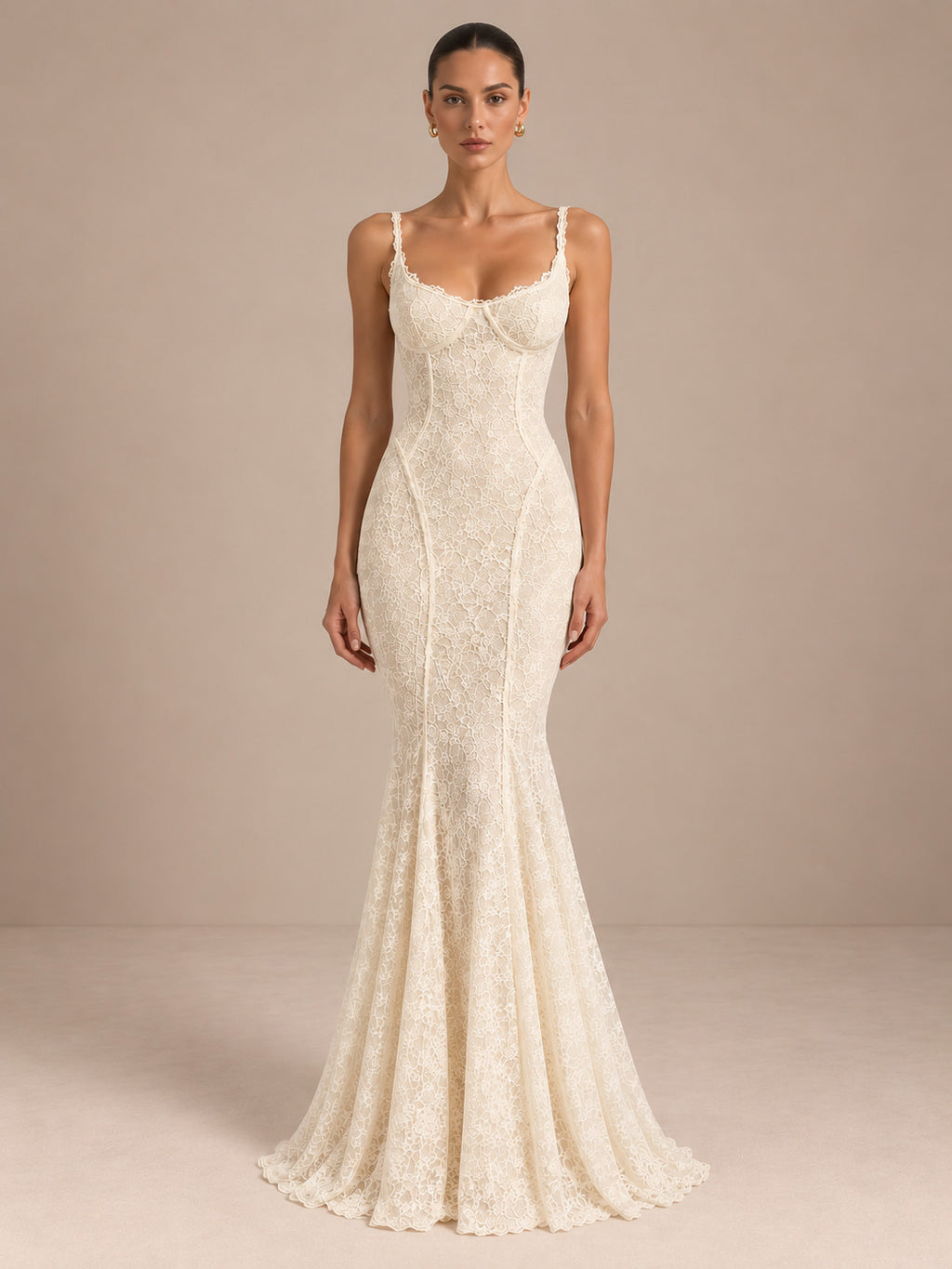 Women’s Ivory Romantic Floral Lace Sweetheart Neck Spaghetti Strap Mermaid Maxi Wedding Dress with Lace-Up Open Back