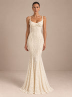 Women’s Ivory Romantic Floral Lace Sweetheart Neck Spaghetti Strap Mermaid Maxi Wedding Dress with Lace-Up Open Back