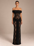 Women’s Romantic Floral Lace Off-Shoulder Short Sleeve Sheath Maxi Dress with Sheer Detail and Draped Sash